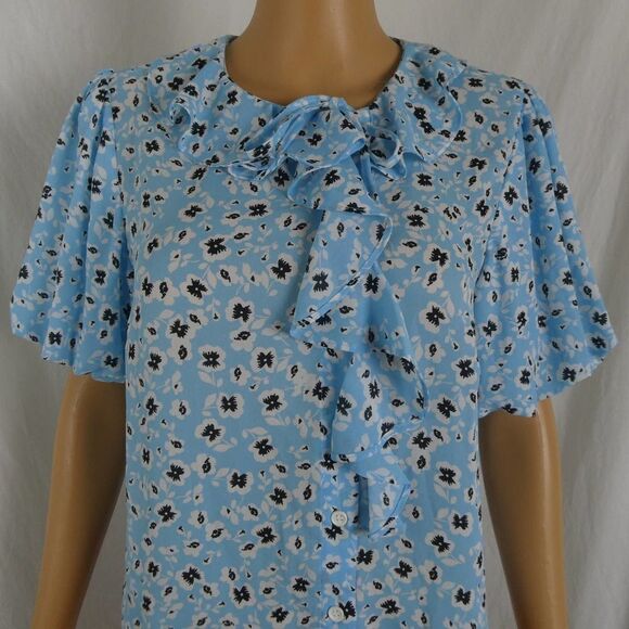 Topshop Floral Button Up Blouse Bubble Sleeve Ruffle Tie Neck Top Blue White - Picture 3 of 10